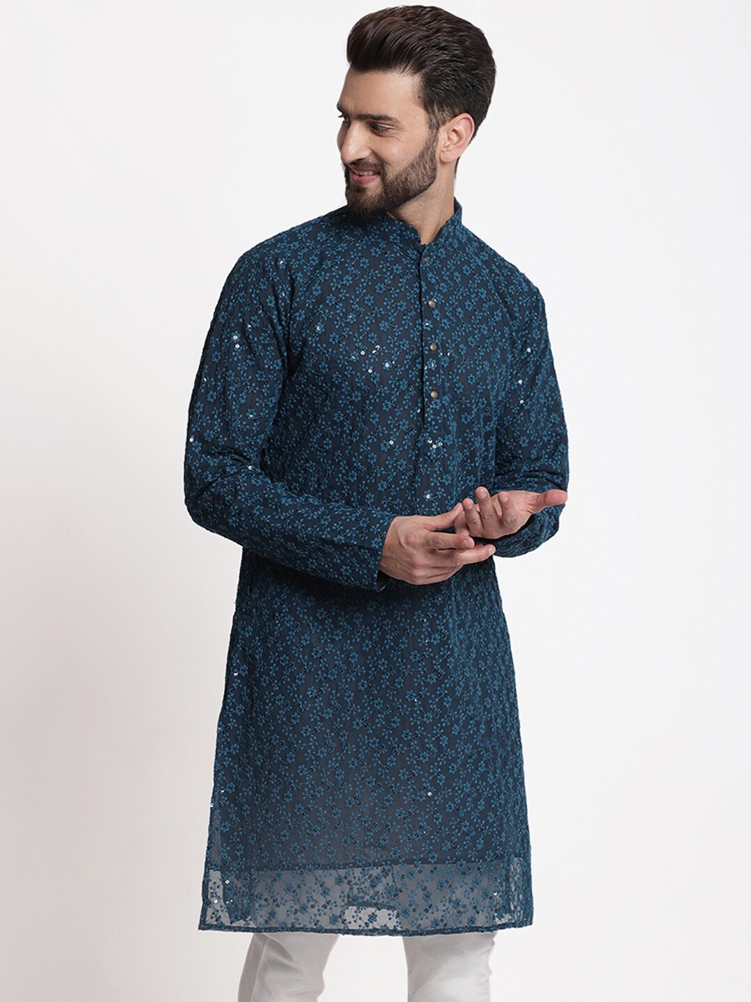 

TREEMODA Woven Design Mandarin Collar Chikankari Cotton Kurta, Blue