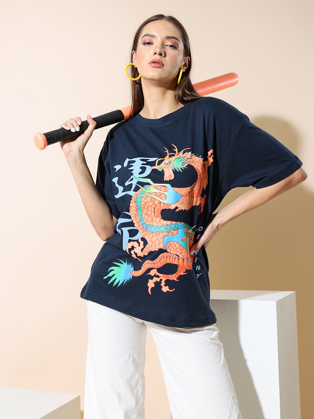 

Stylecast X Hersheinbox Pure Cotton Printed Drop-Shoulder Relaxed Fit T-shirt, Navy blue