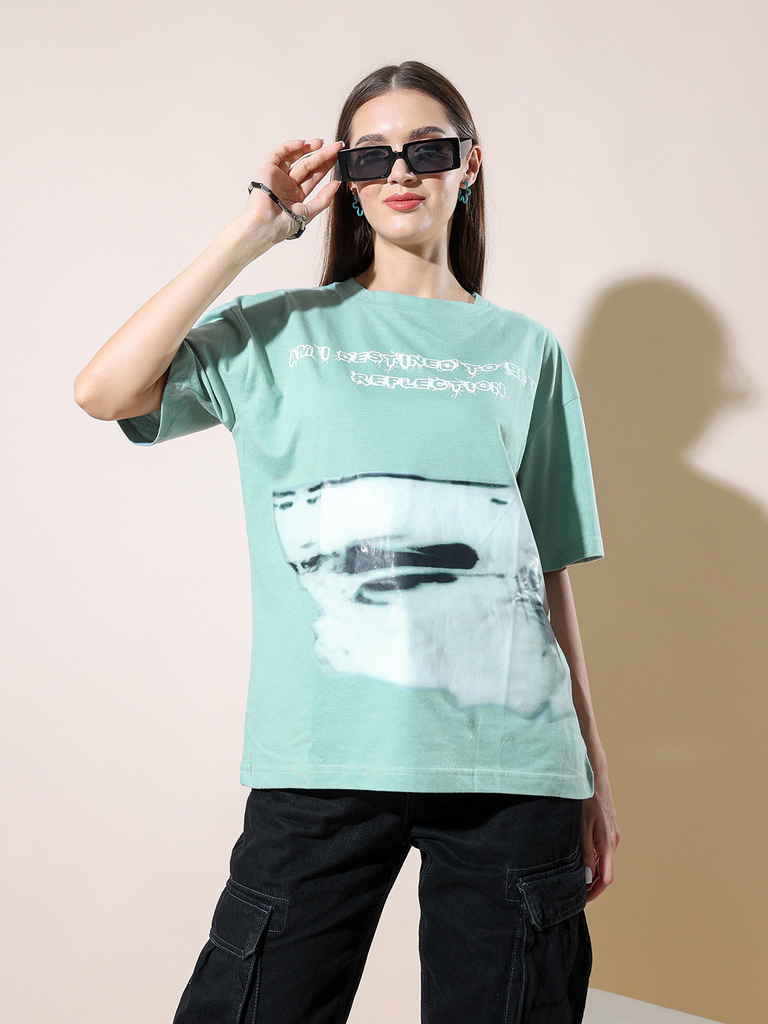 

Stylecast X Hersheinbox Printed Drop-Shoulder Sleeves Pure Cotton Relaxed T-shirt, Green