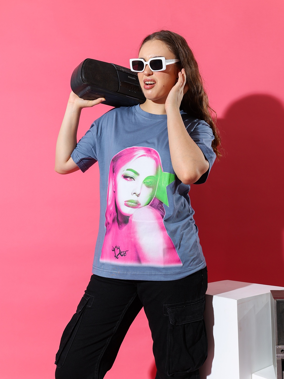 

Stylecast X Hersheinbox Women Printed Drop-Shoulder Sleeves T-shirt, Grey