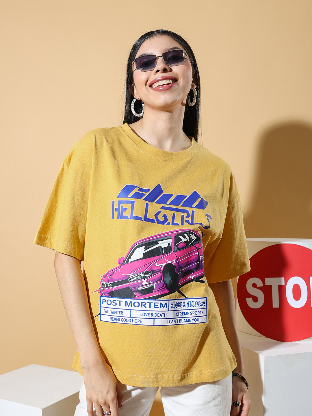 

Stylecast X Hersheinbox Women Printed Drop-Shoulder Sleeves Pure Cotton T-shirt, Mustard