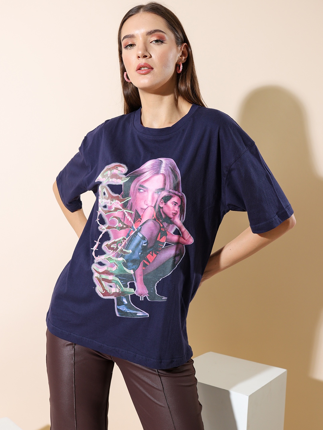 

Stylecast X Hersheinbox Graphic Printed Drop-Shoulder Sleeves Pure Cotton T-shirt, Navy blue