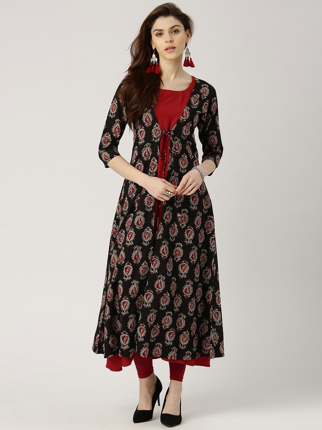 

Libas Crimson A-Line Kurta with Long Ethnic Jacket, Maroon