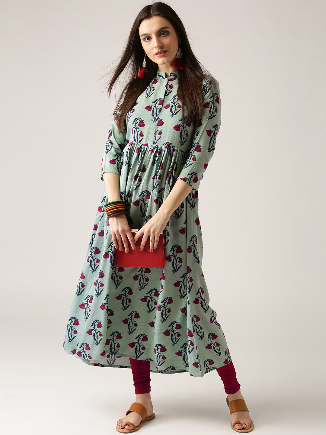 

Libas Women Mint Green & Pink Floral Print A-Line Kurta