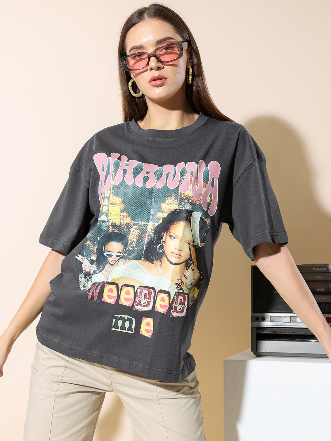 

Stylecast X Hersheinbox Printed Drop-Shoulder Sleeves Pure Cotton T-shirt, Grey