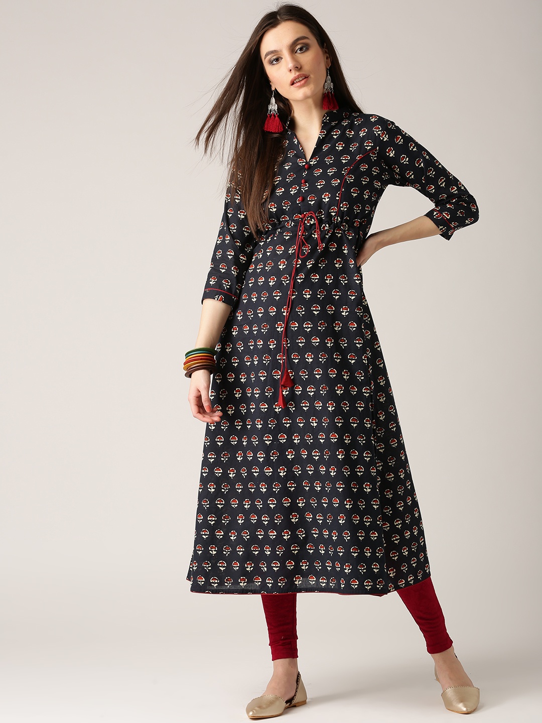 

Libas Women Navy & Beige Printed A-Line Kurta, Navy blue