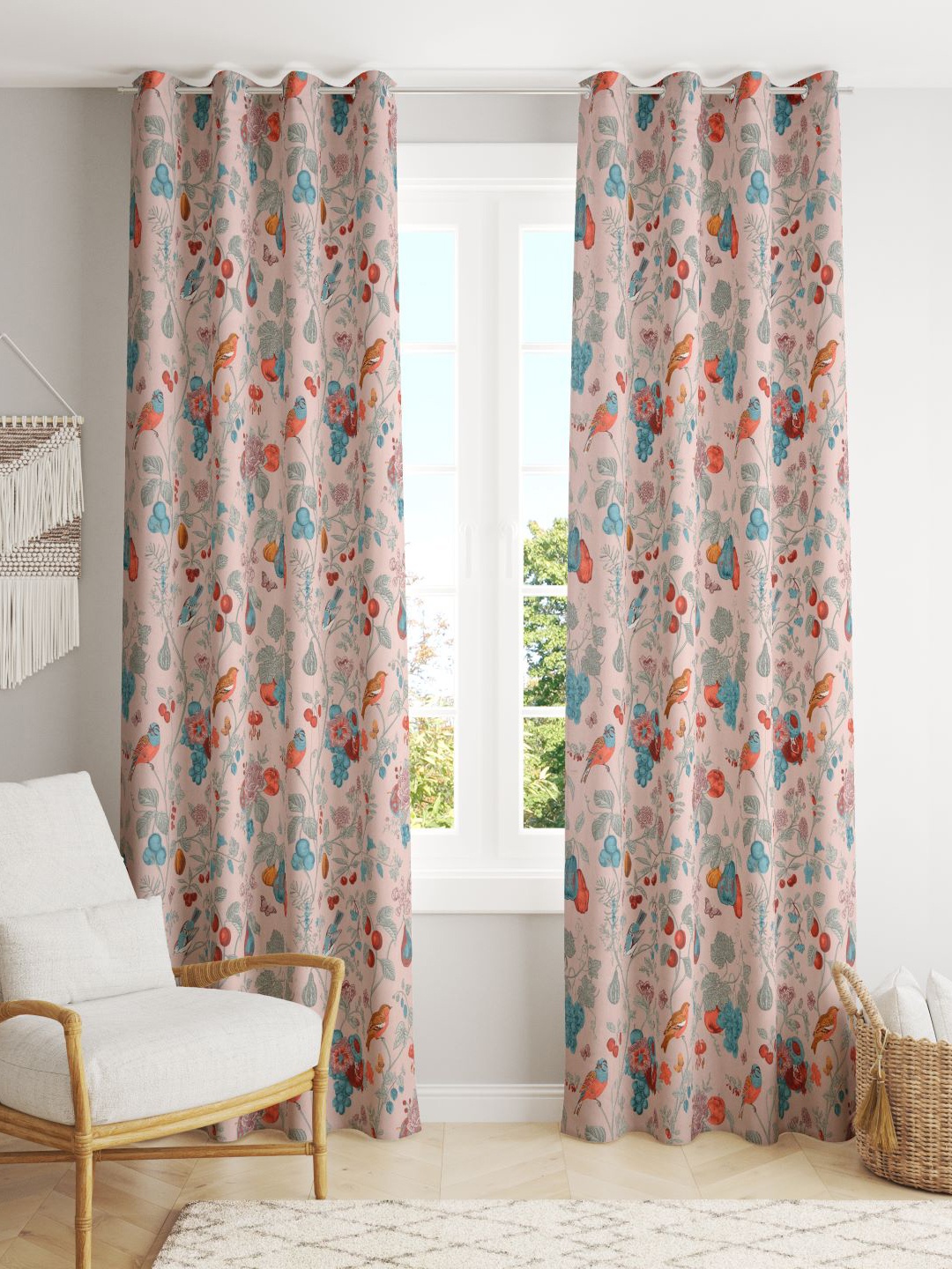 

RAASO Peach-Coloured & Blue 2 Pieces Floral Printed Cotton Window Curtains