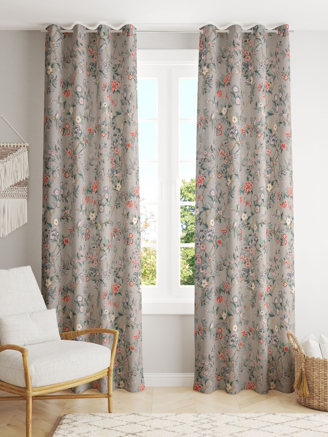 

RAASO Grey 2 Pieces Floral Printed Cotton Window Curtains