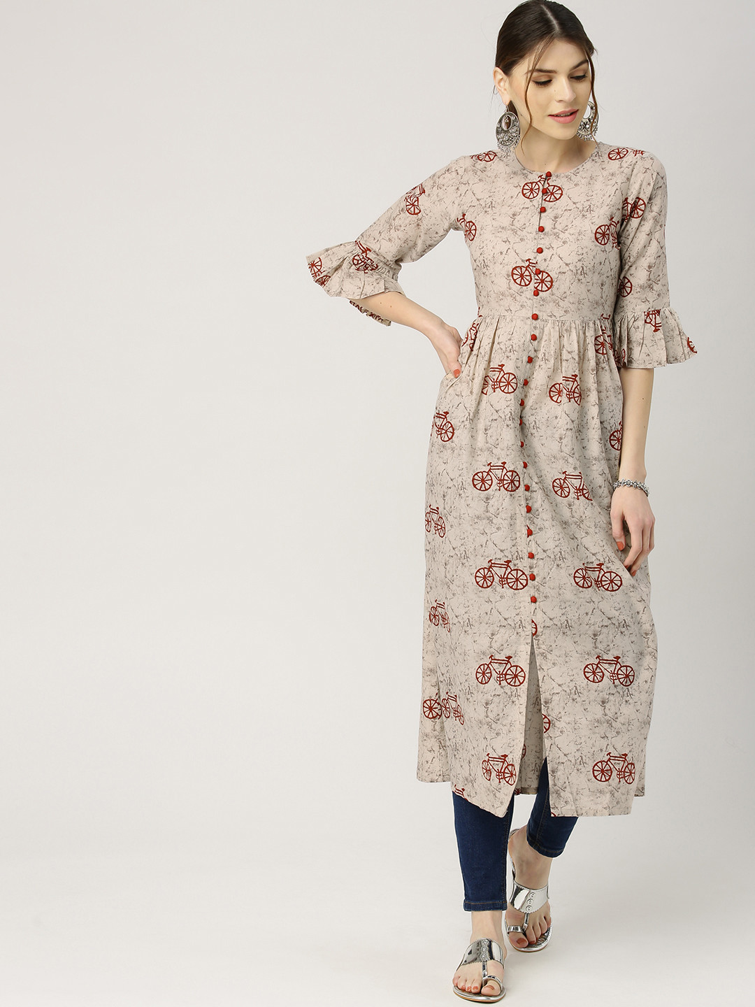 

Libas Women Beige & Maroon Quirky Print A-Line Kurta