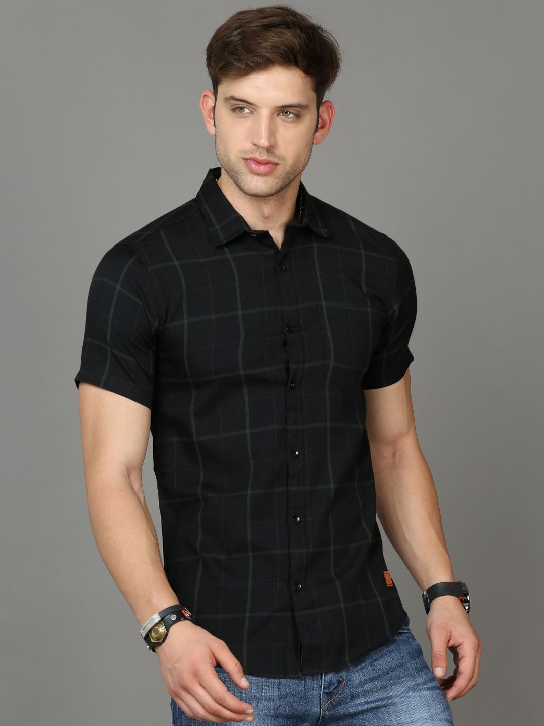 

Tallwalker Checked Standard Cotton Casual Shirt, Black