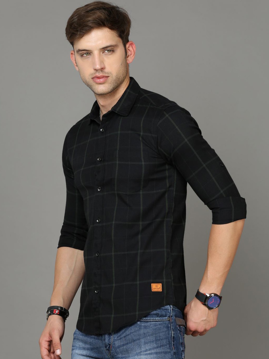 

Tallwalker Checked Standard Cotton Casual Shirt, Black
