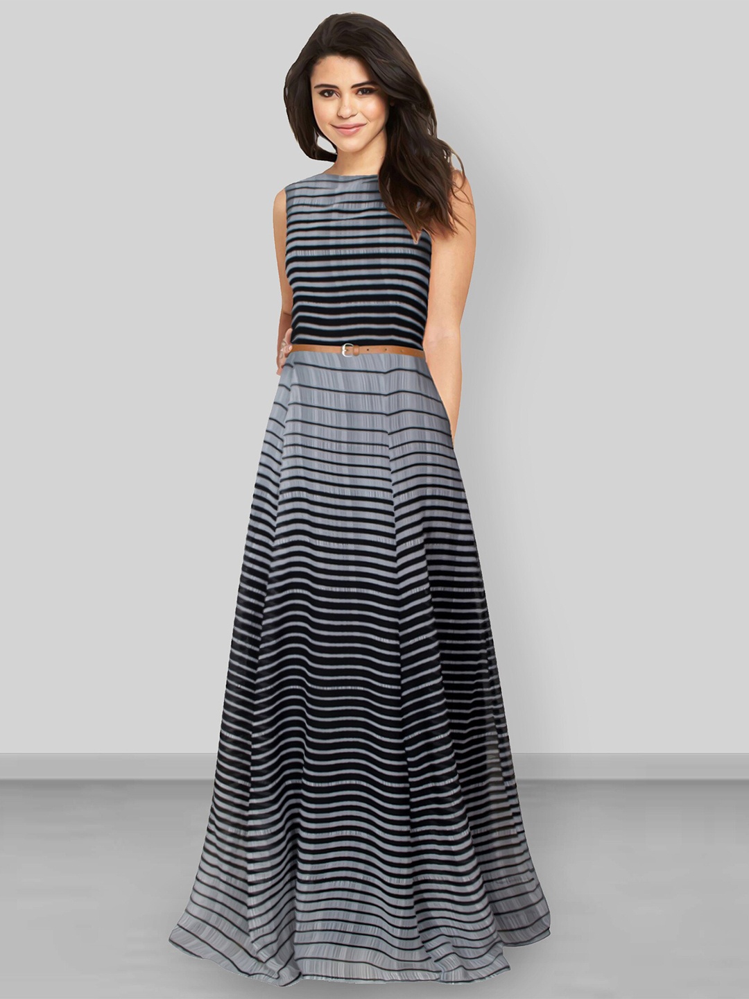 

Dream Beauty Fashion Striped Belted Georgette Maxi Fit & Flare Dress, Black