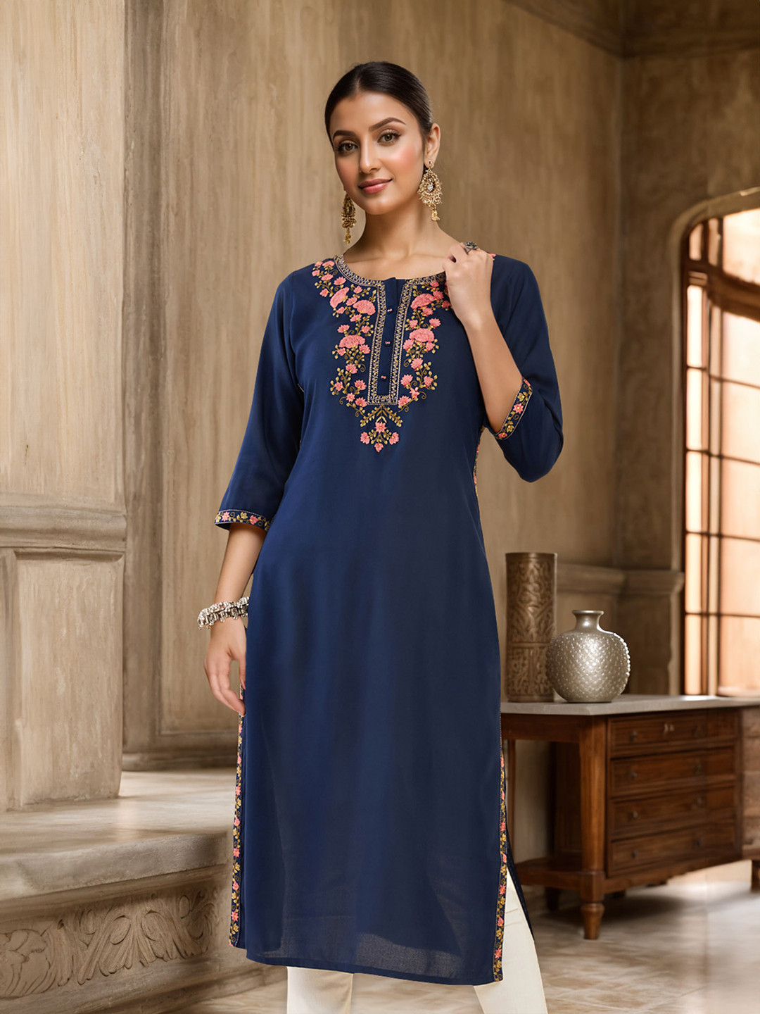 

Soch Navy Blue Floral Embroidered Kurta