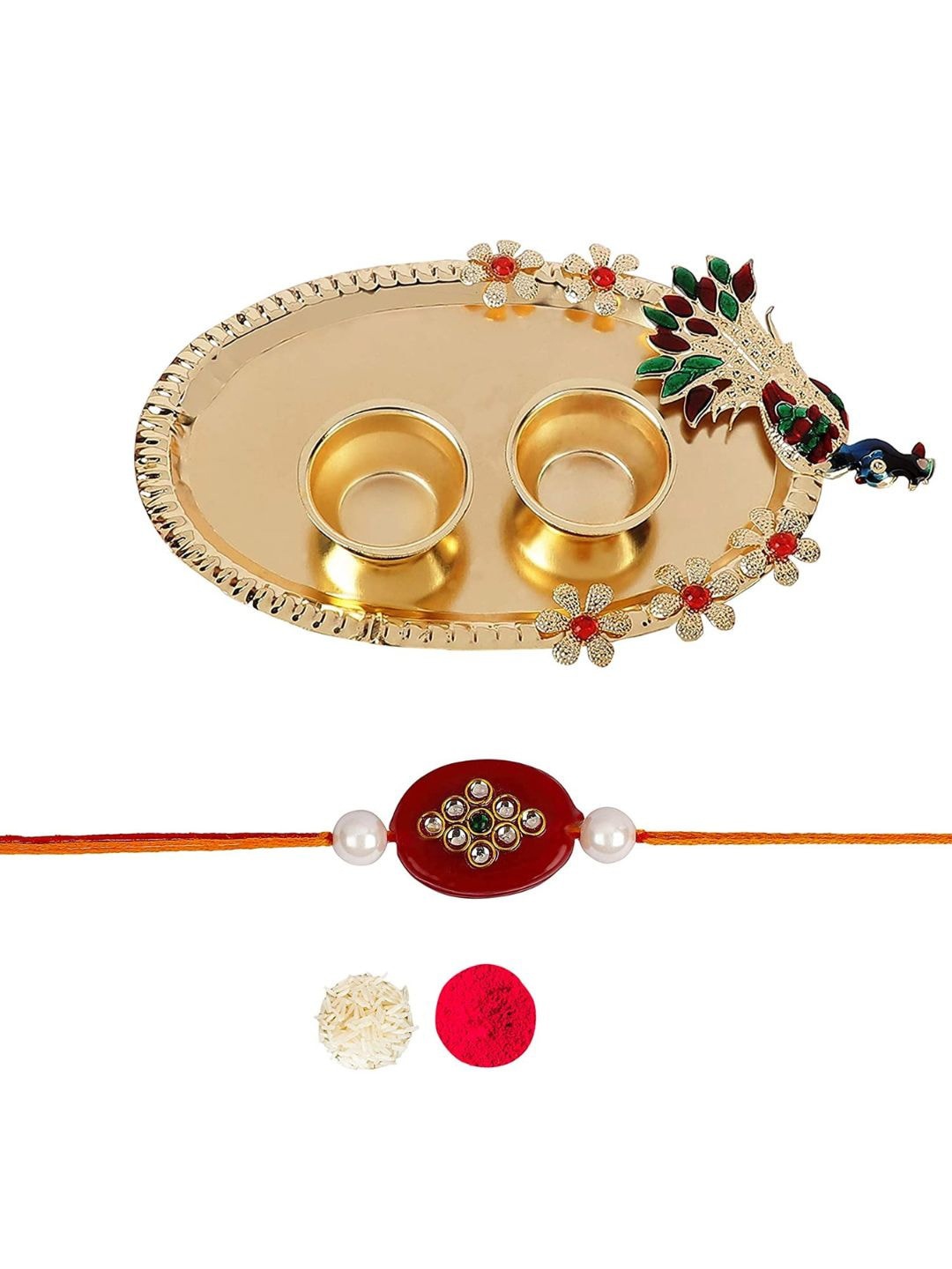 

AccessHer Stone Studded Rakhi With Roli Chawal & Pooja Thali, Gold