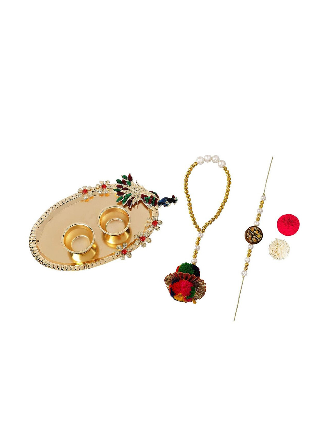

AccessHer Stone Studded Beaded Rakhi & Lumba Rakhi With Roli Chawal & Pooja Thali, Gold