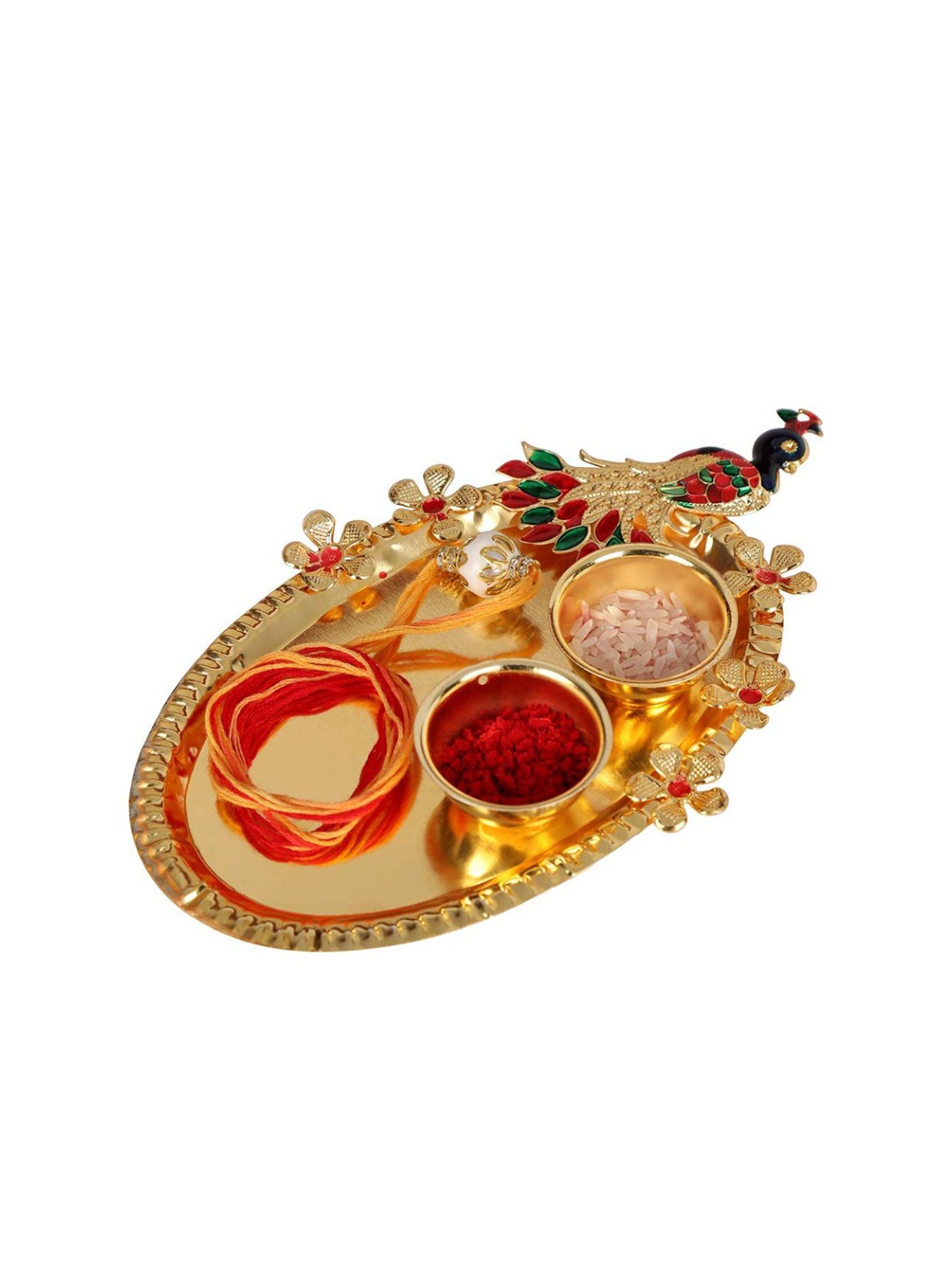 

AccessHer Women Stone-Studded & Beaded Rakhi With Peacock Pooja Thali, Gold