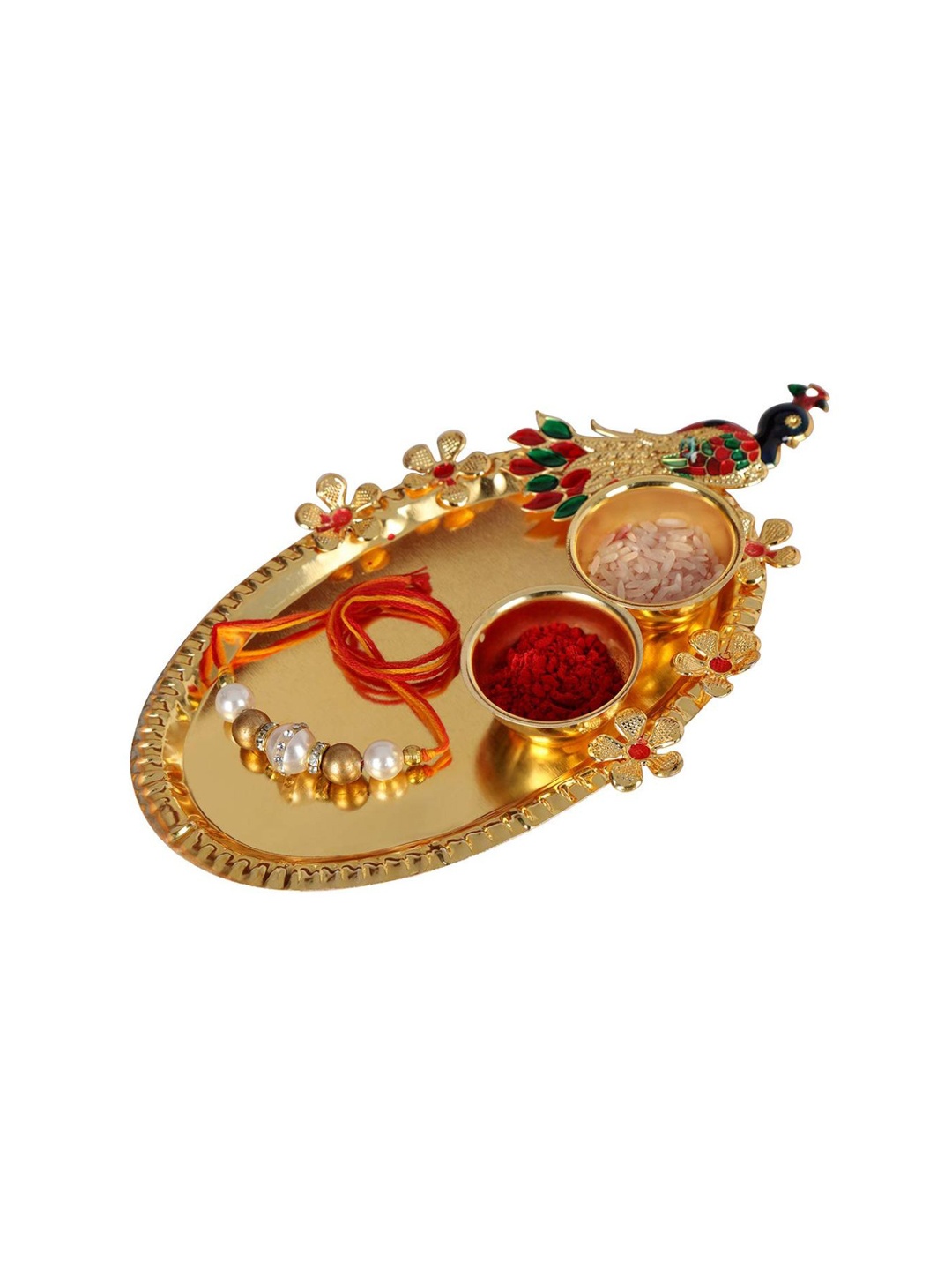 

AccessHer Stone Studded & Beaded Rakhi With Roli Chawal & Pooja Thali, Red