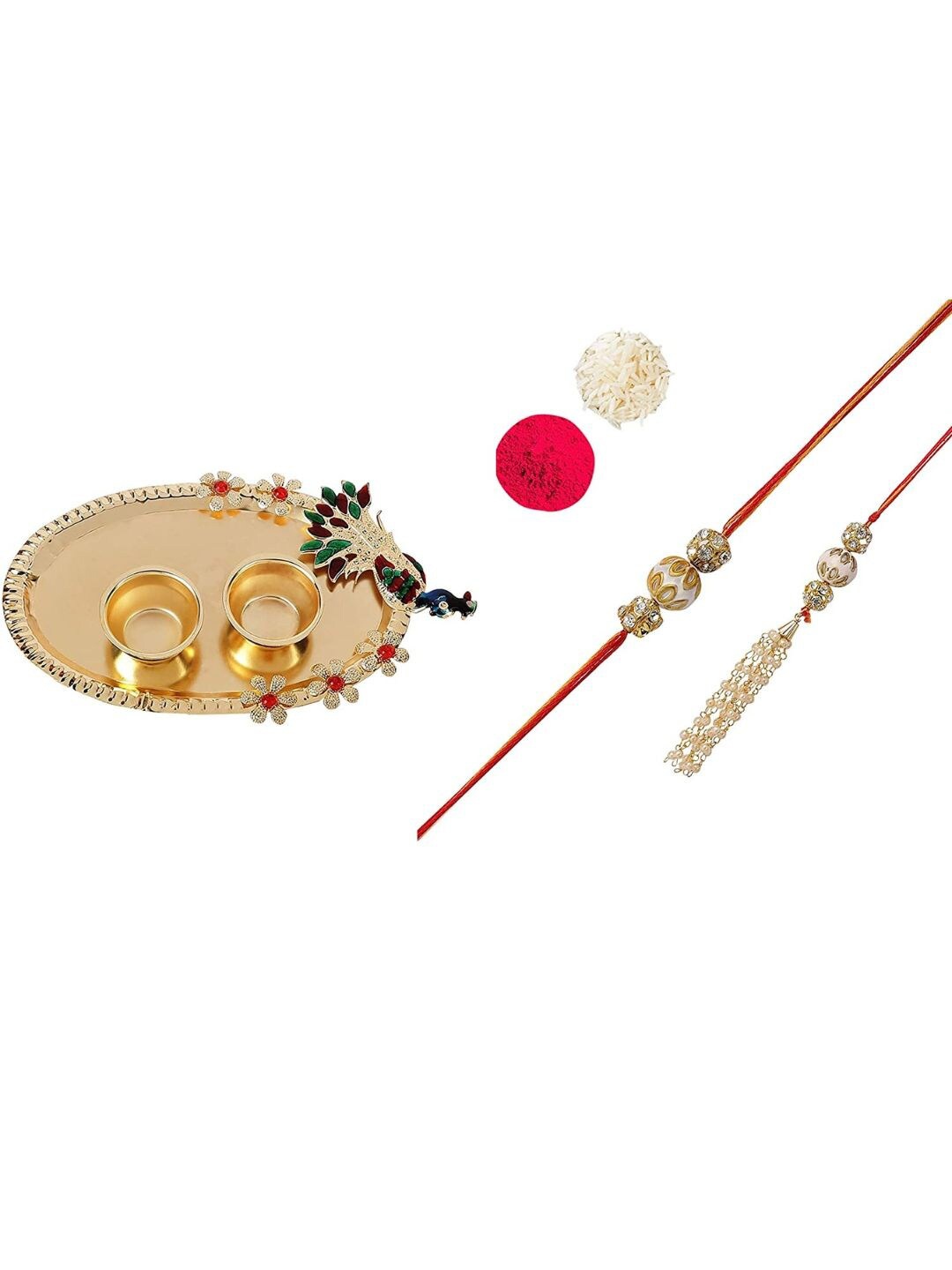 

AccessHer Set Of 2 Stone Studded & Beaded Rakhi With Peacock Pooja Thali, Gold