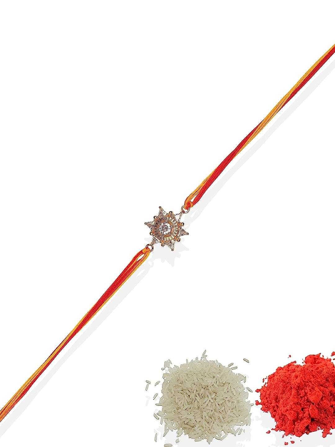 

AccessHer Rhinestones Studded Rakhi With Roli Chawal, Gold