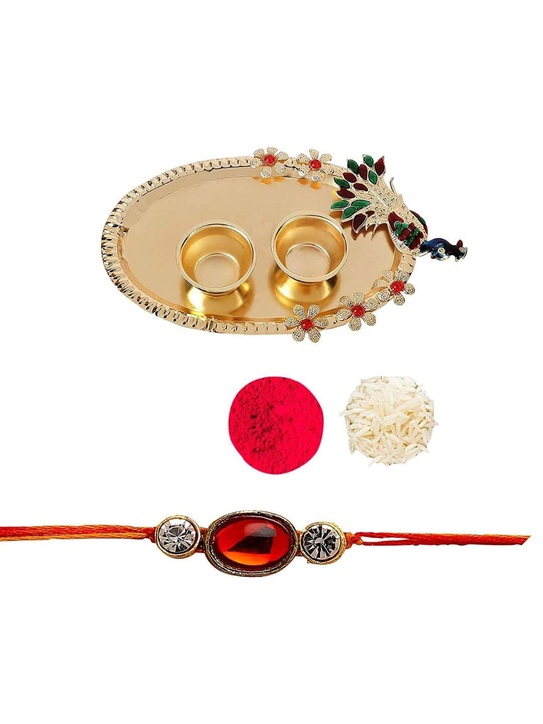 

AccessHer Stone Studded Rakhi With Peacock Pooja Thali, Gold
