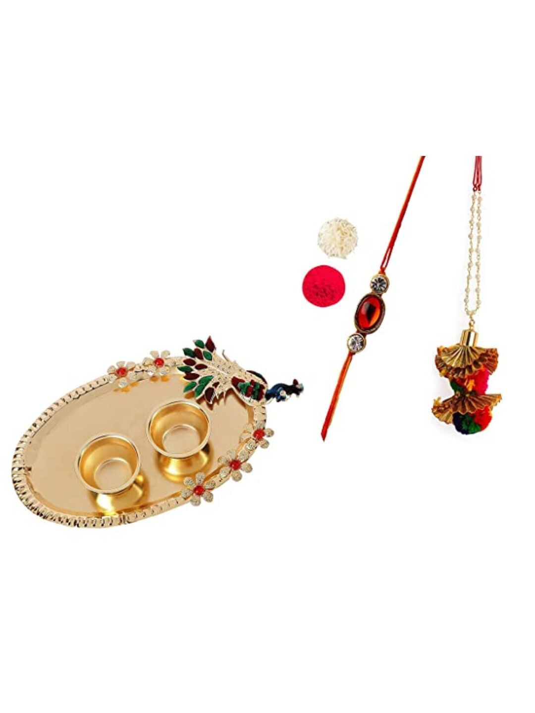 

AccessHer Set Of 2 Stone Studded Rakhi With Roli Chawal & Pooja Thali, Red