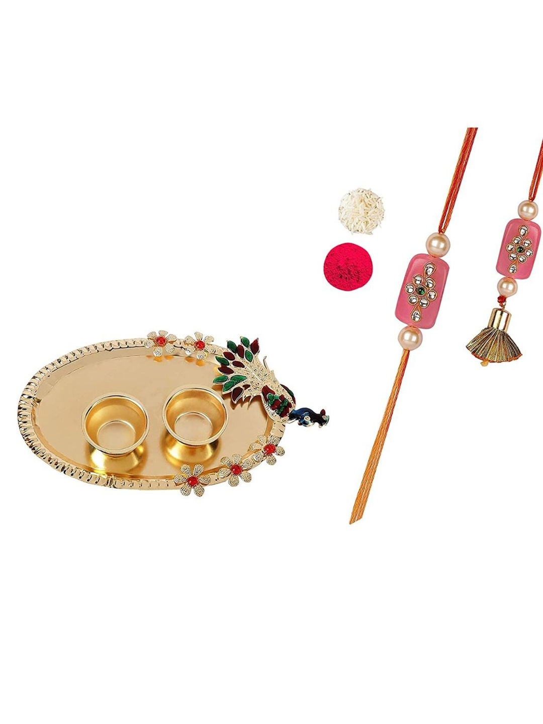 

AccessHer Stone-Studded Rakhi With Peacock & Pooja Thali, Gold