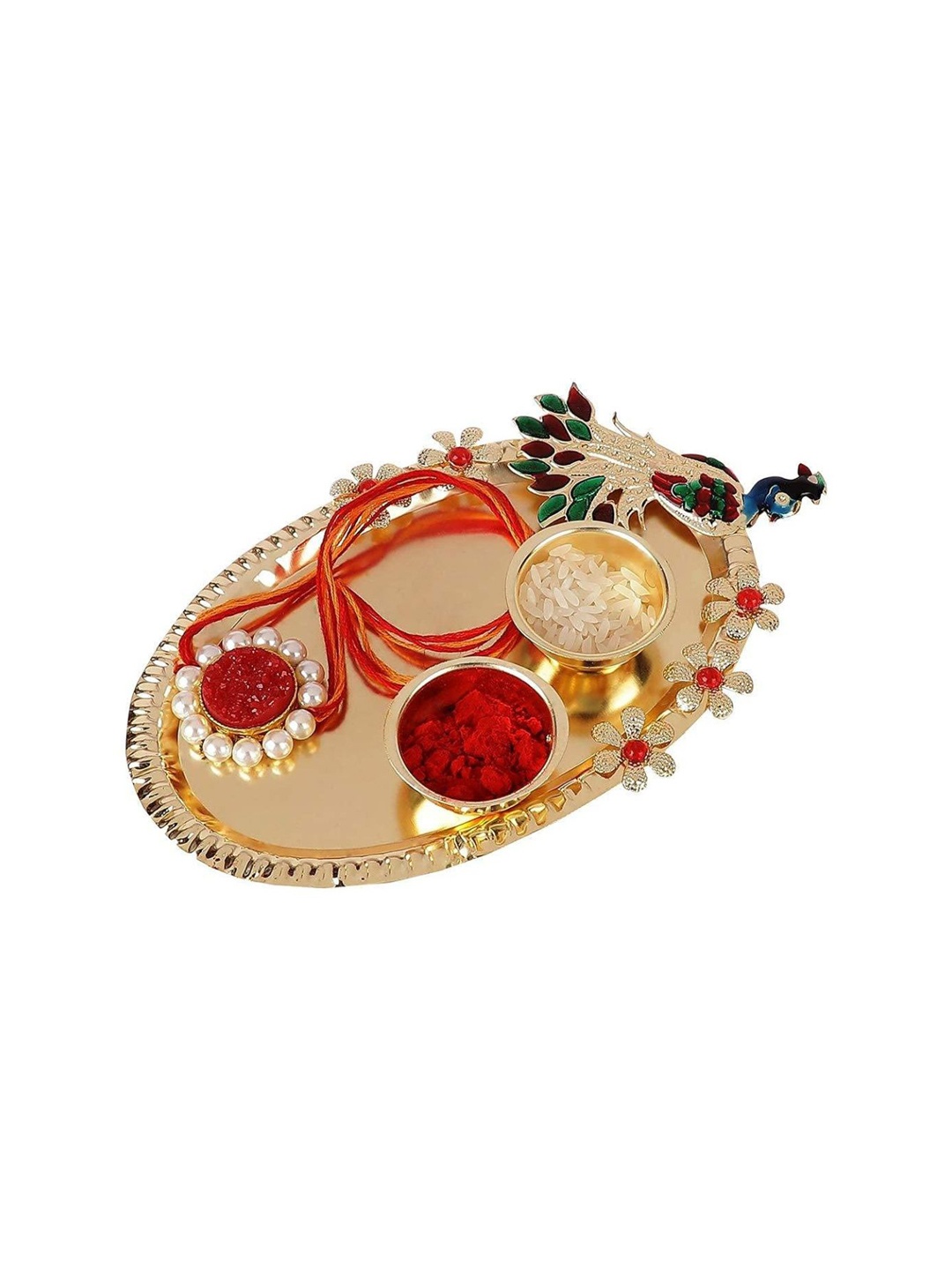 

AccessHer Rakhi With Peacock Pooja Thali & Roli Chawal, Gold