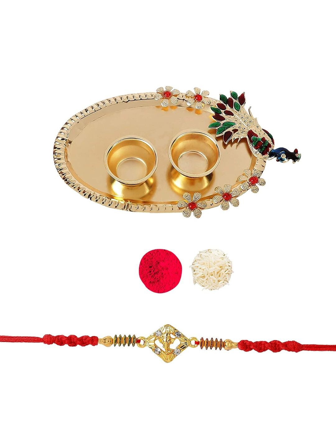 

AccessHer Ganesh Charm Rakhi With Peacock Pooja Thali, Red