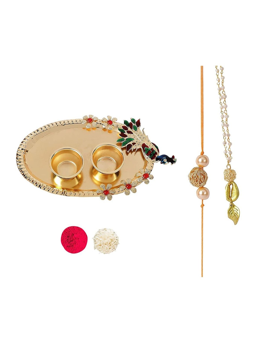

AccessHer Set Of 2 Beaded Rakhi With Peacock Pooja Thali, Gold
