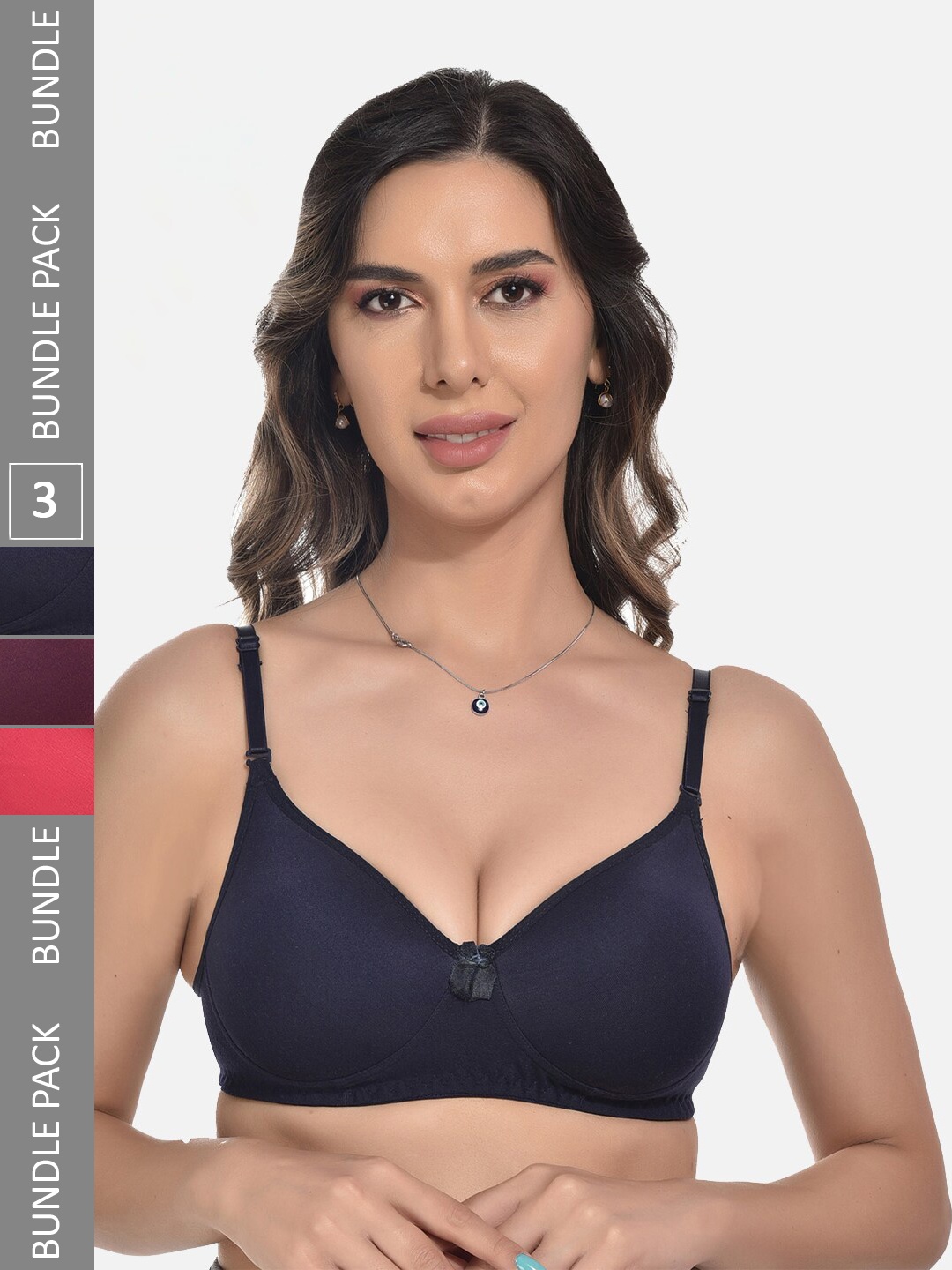 

StyFun Pack Of 3 Lightly Padded Full Coverage Bra, Navy blue