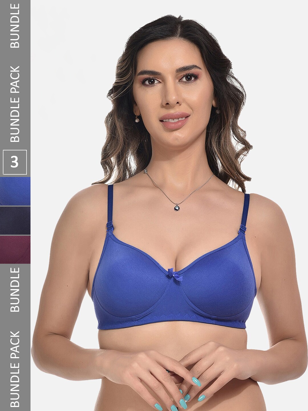 

StyFun Pack Of 3 Full Coverage Lightly Padded Everyday All Day Comfort Bra, Blue