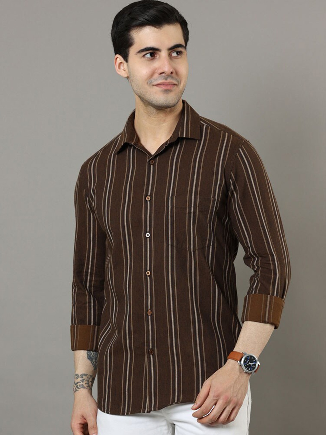 

Bushirt Classic Striped Pure Cotton Casual Shirt, Brown