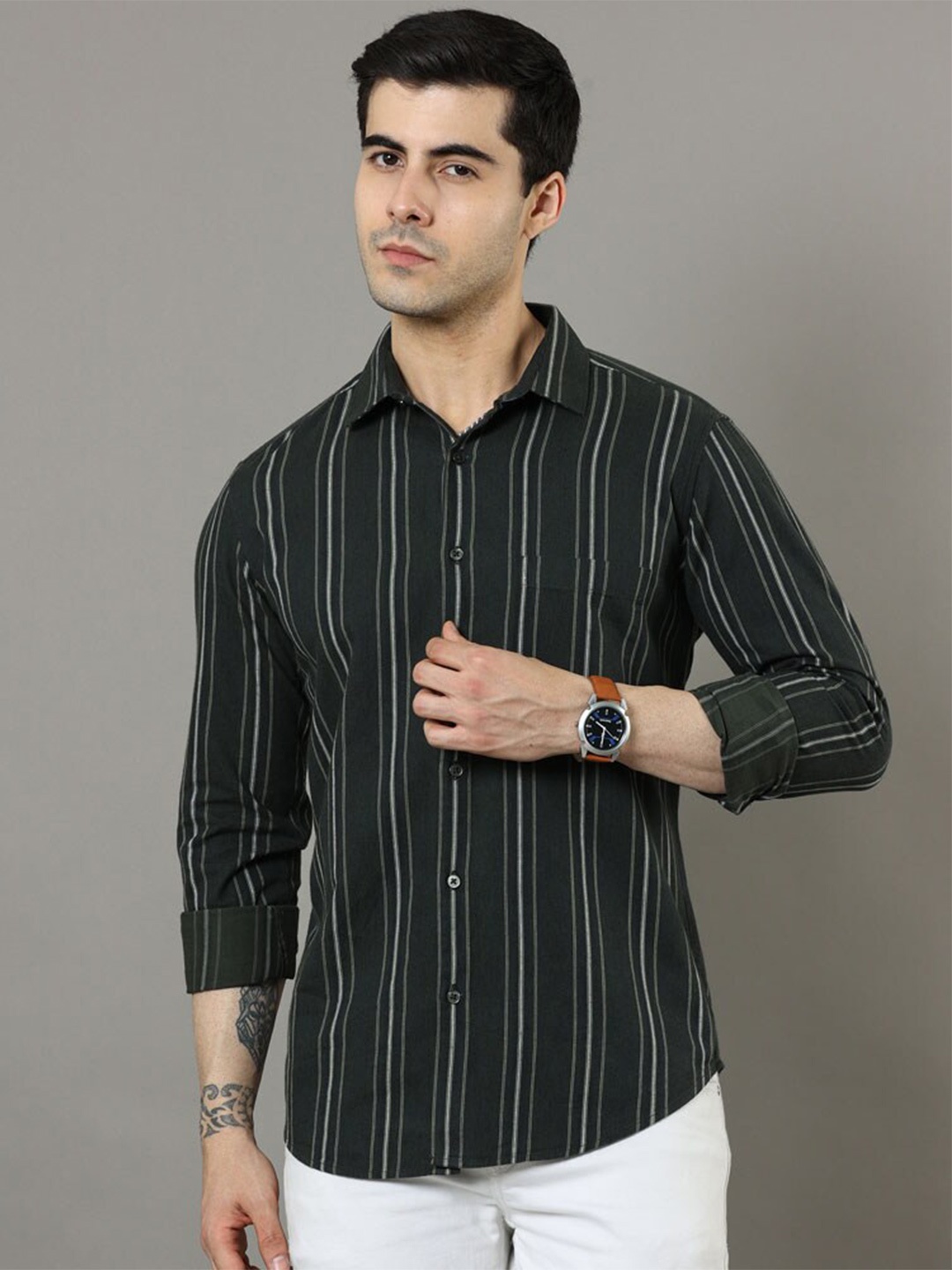 

Bushirt Classic Striped Pure Cotton Casual Shirt, Green