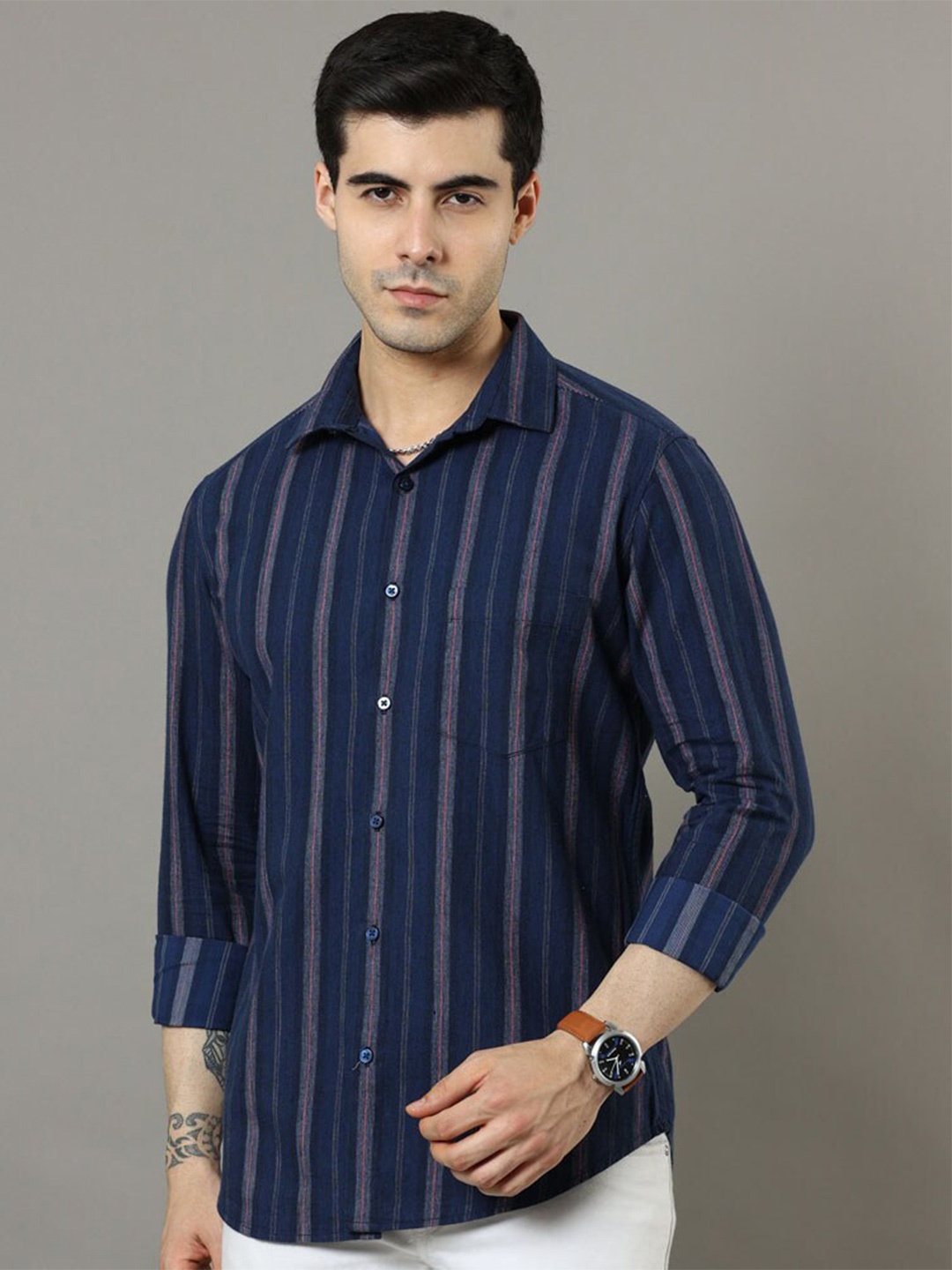 

Bushirt Classic Striped Pure Cotton Casual Shirt, Navy blue