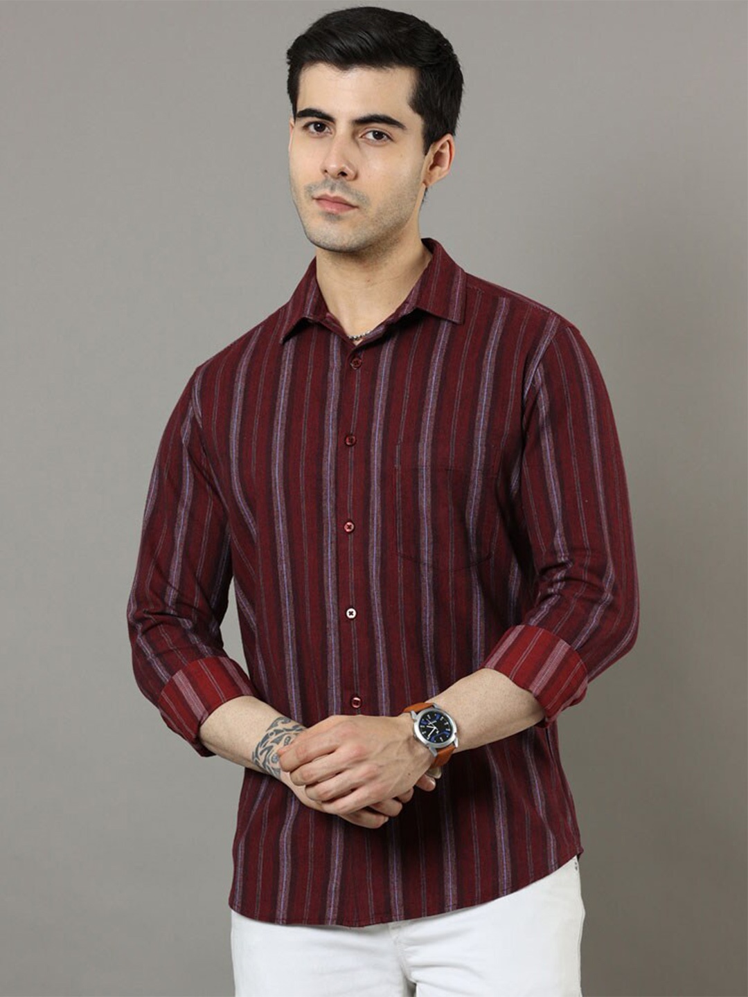 

Bushirt Classic Striped Pure Cotton Casual Shirt, Burgundy