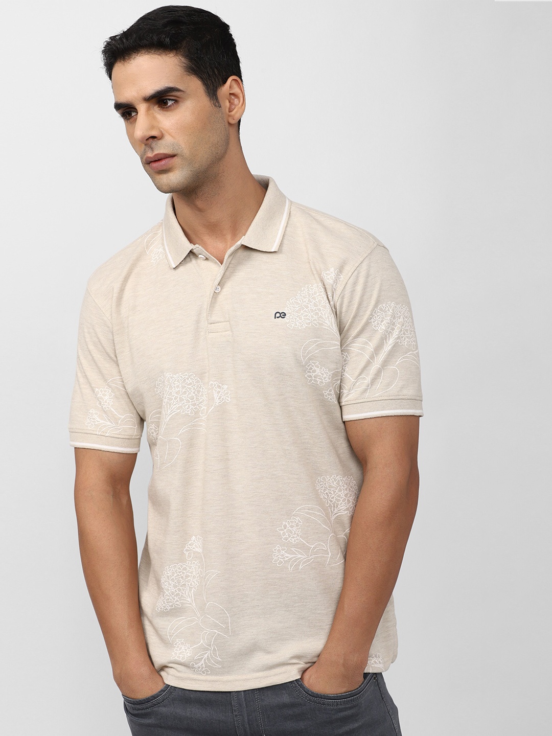

Peter England Casuals Printed Polo Collar Pure Cotton T-shirt, Beige