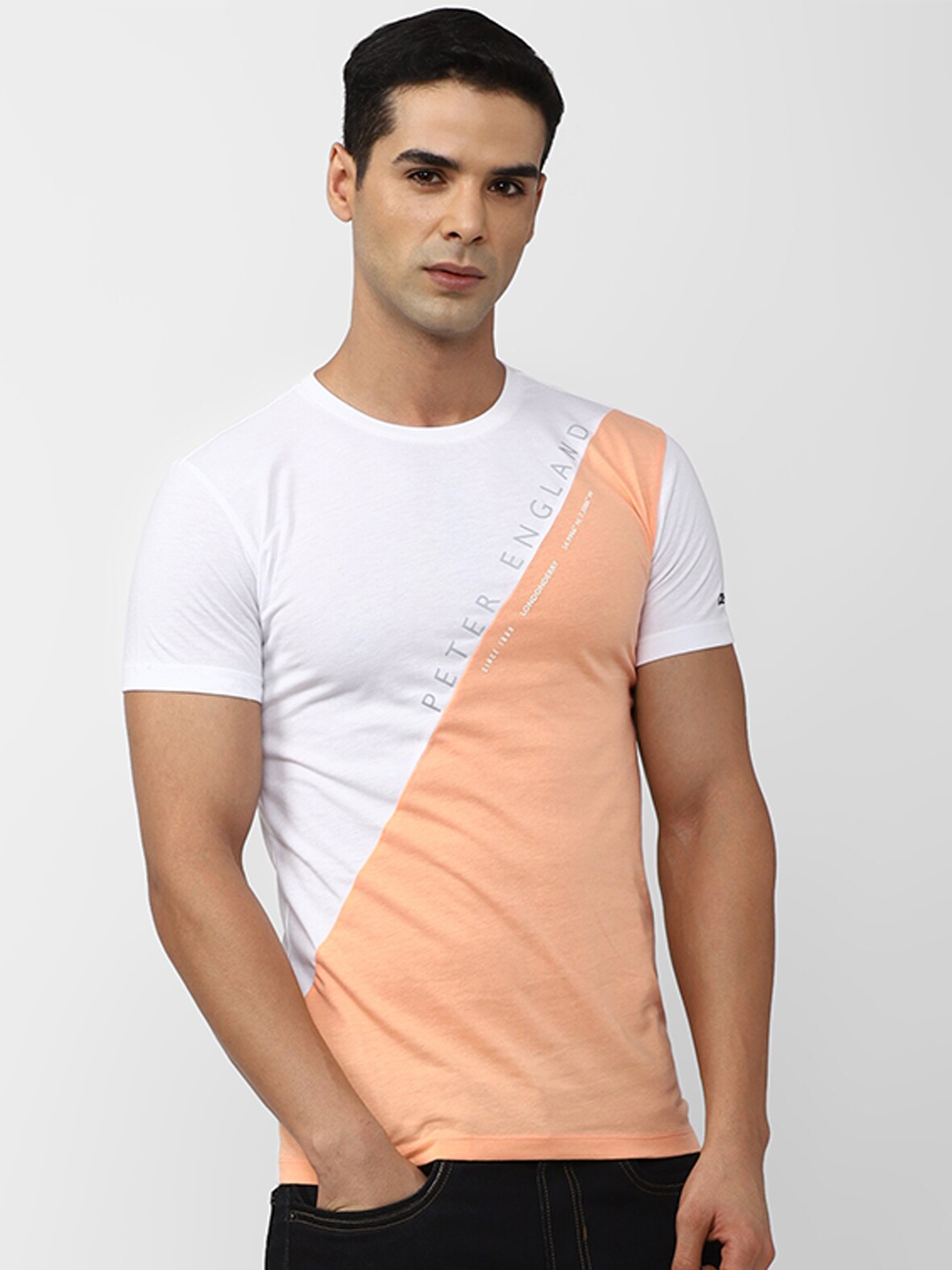 

Peter England Casuals Colourblocked Slim Fit T-shirt, Peach