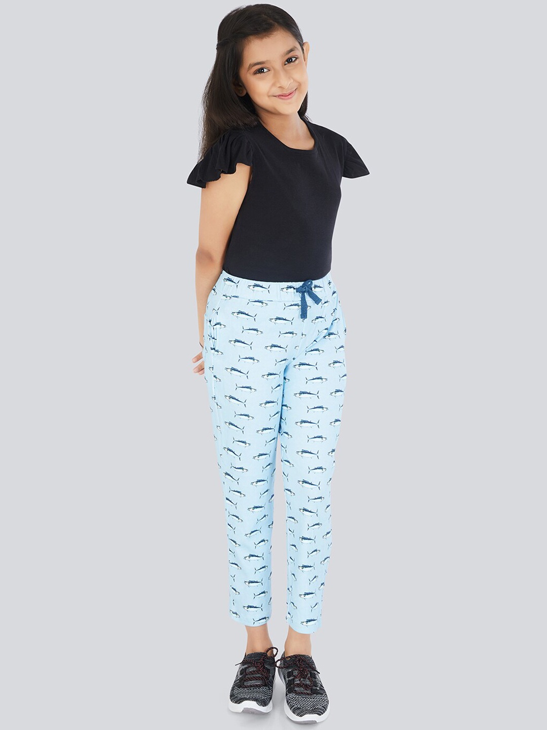 

Olele Girls Fish Printed Fleece Track Pants, Blue