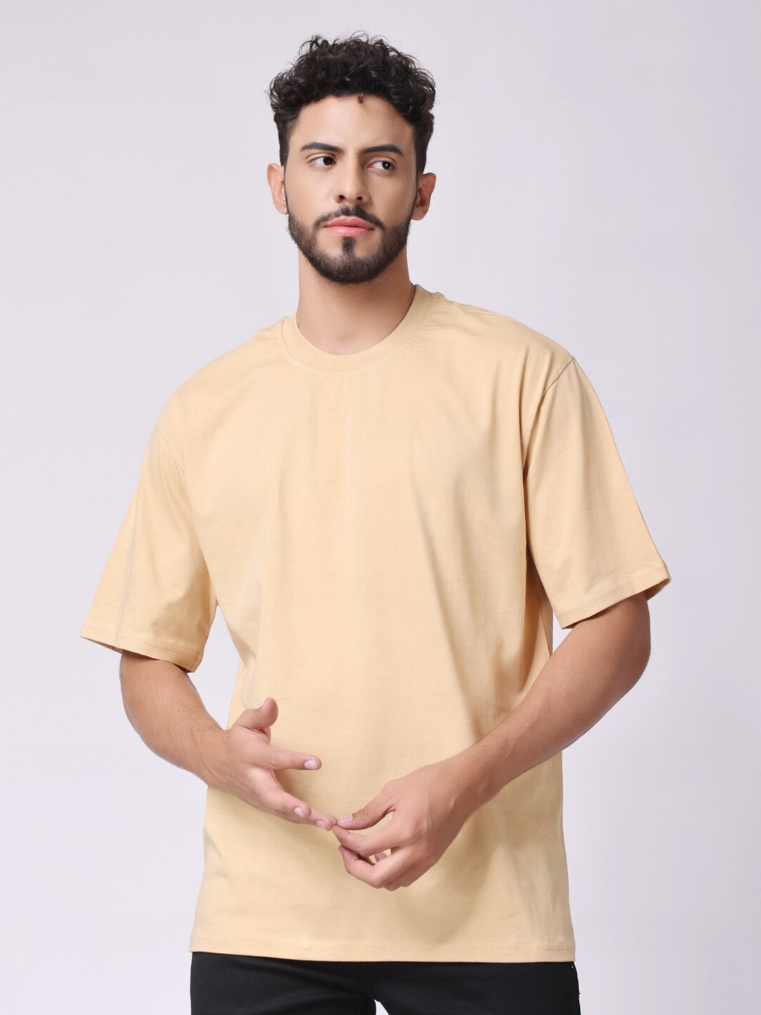 

The Label Bar Round Neck Oversized Cotton T-shirt, Beige
