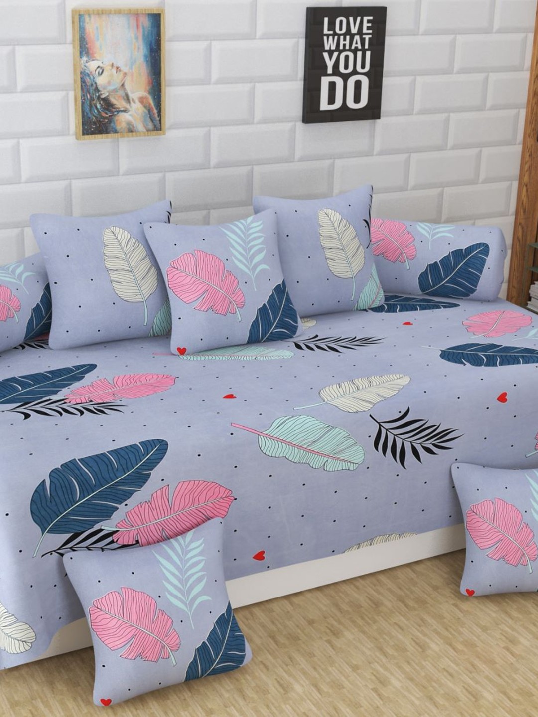 

Bajo's Blue 8 Pieces Printed Cotton Diwan Set