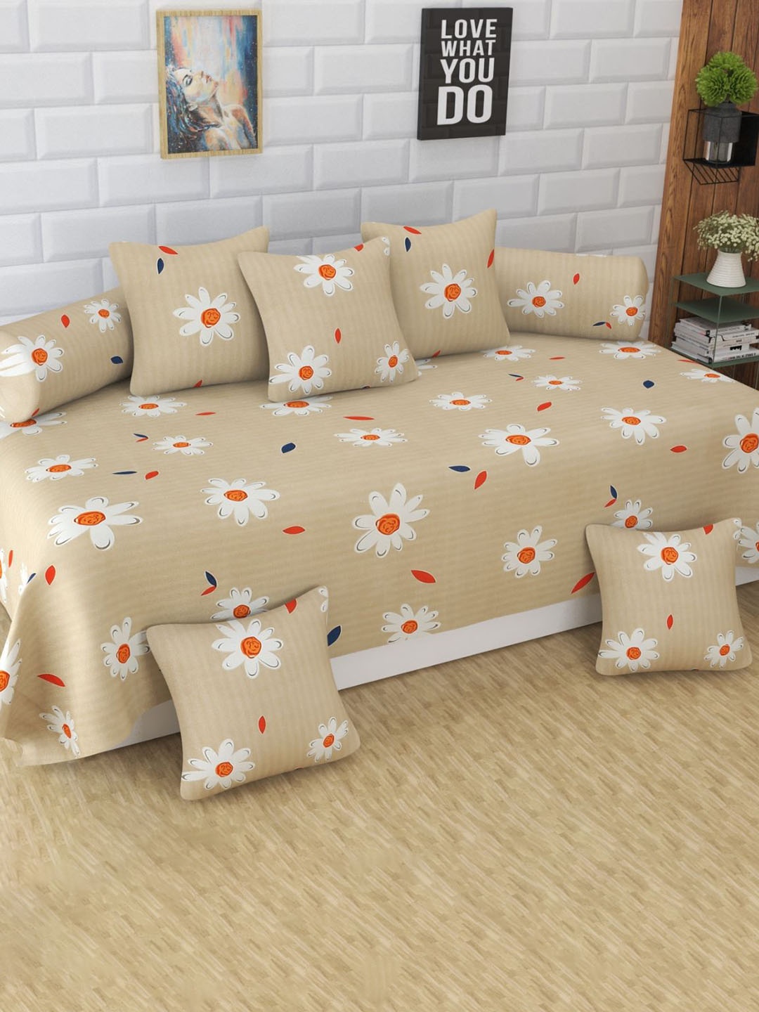 

Bajo's 8 Pcs Beige & White 8 Pieces Floral Printed Cotton Diwan Set