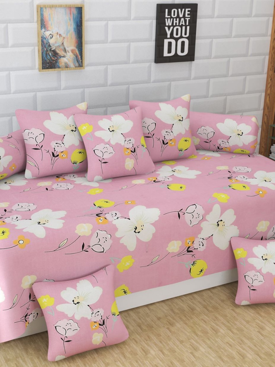 

Bajo's Pink & White 8 Pieces Printed Cotton Diwan Set
