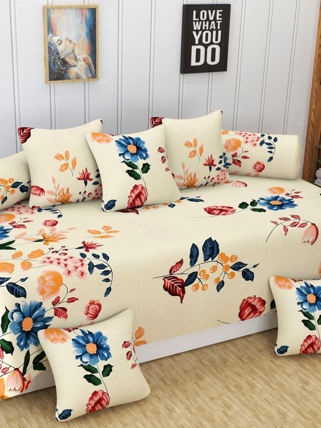 

Bajo's Cream-Coloured & Blue 8 Pieces Printed Diwan Set