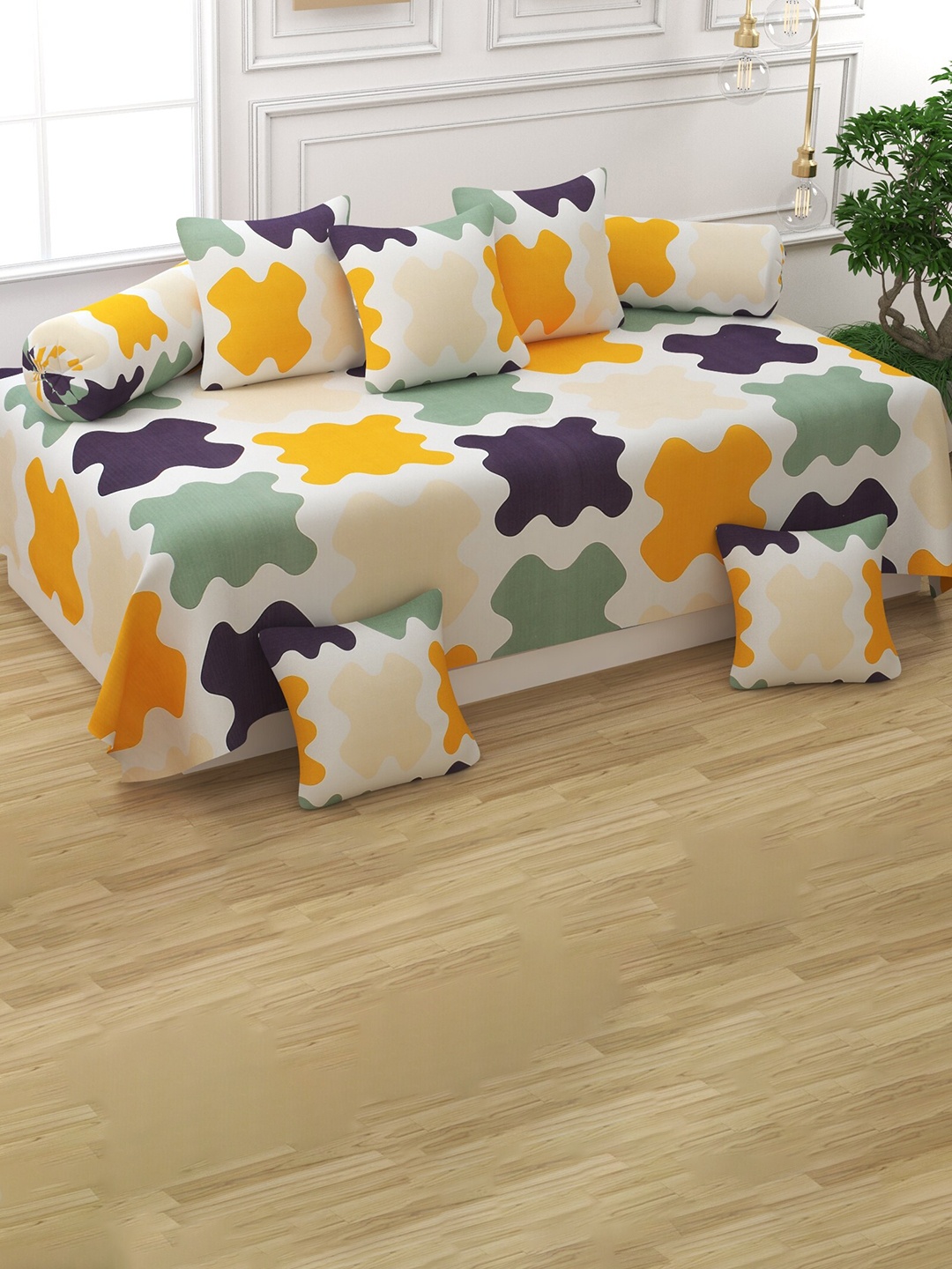 

Bajo's White & Yellow 8 Pieces Printed Diwan Set