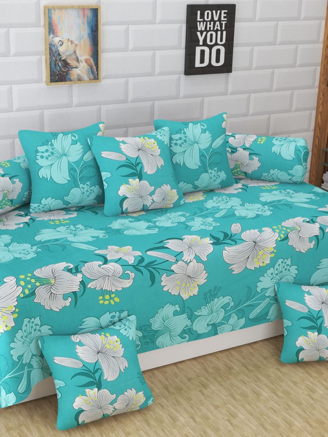 

Bajo's Blue & White 8 Pieces Floral Printed Cotton Diwan Set