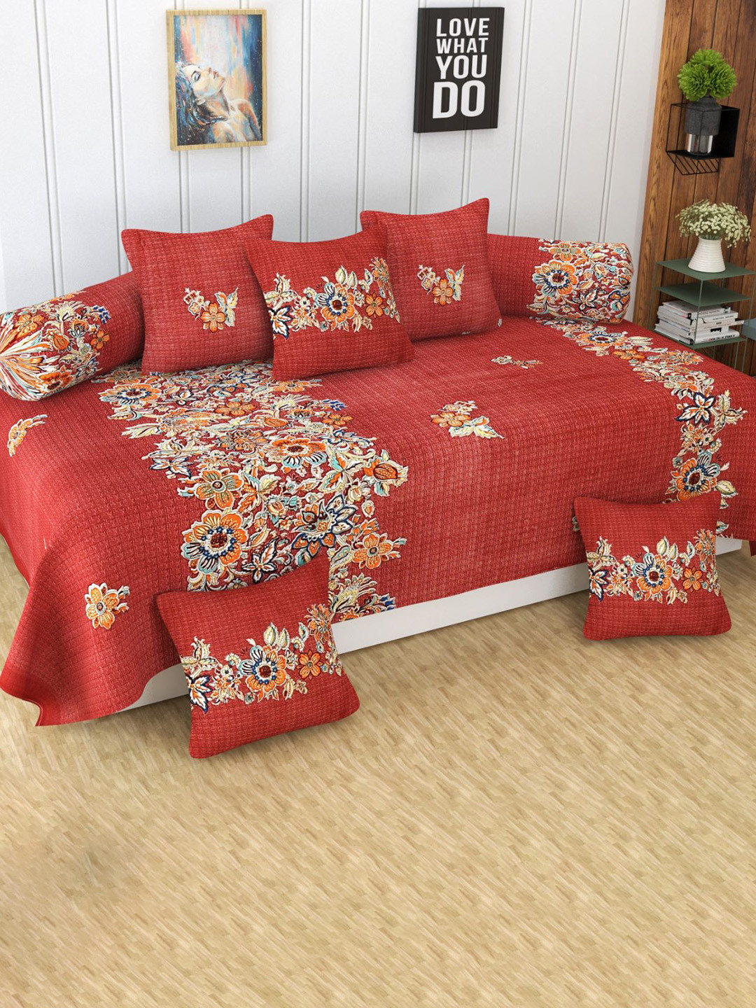 

Bajo's Red 8 Pieces Floral Printed Cotton Diwan Set