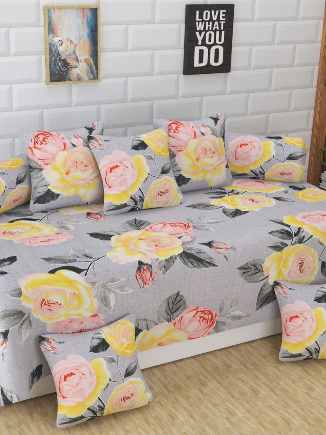 

Bajo's Grey & Yellow 8 Pieces Floral Printed Cotton Diwan Set