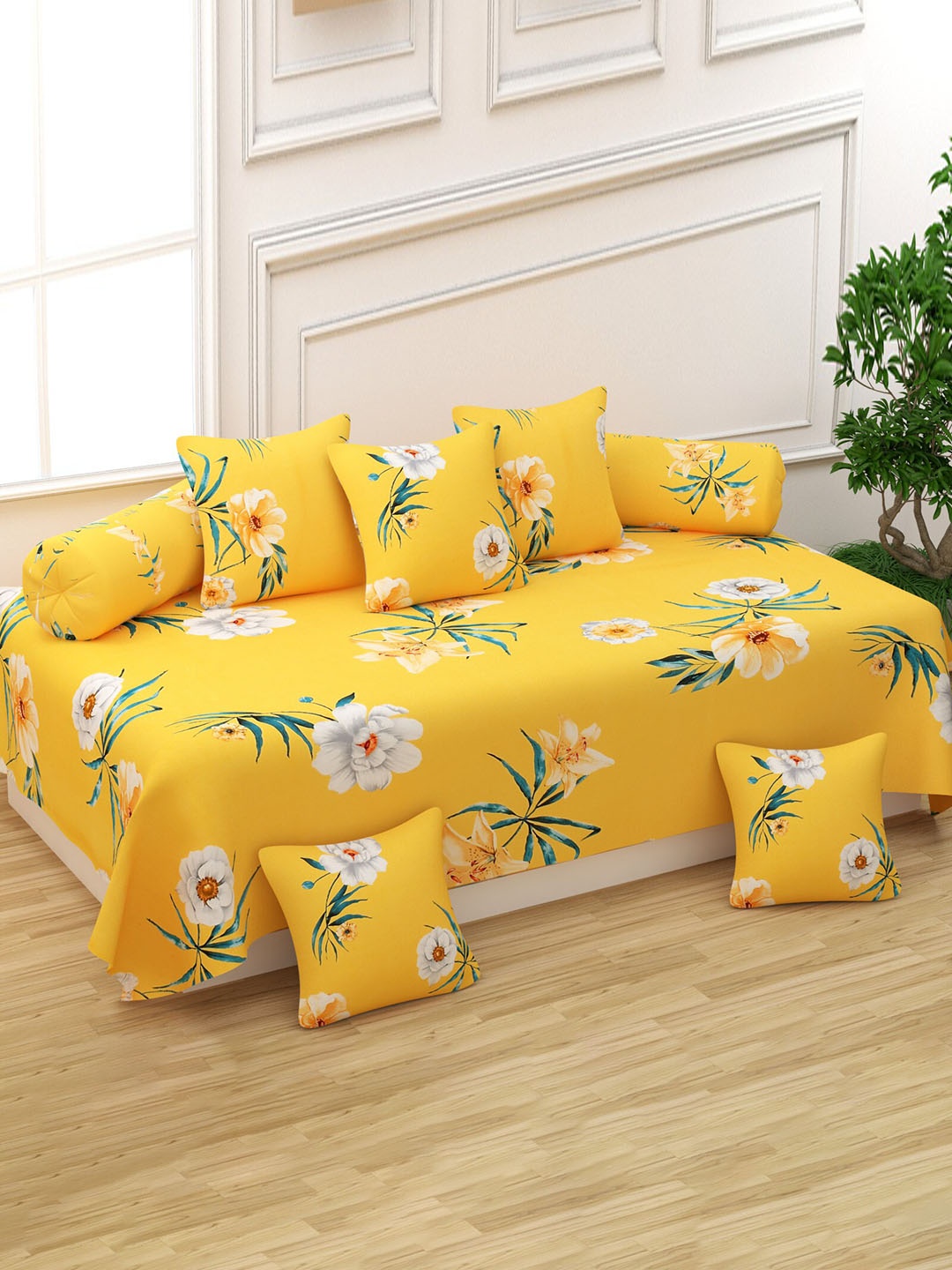 

Bajo's Yellow & White 8 Pieces Floral Printed Cotton Diwan Set