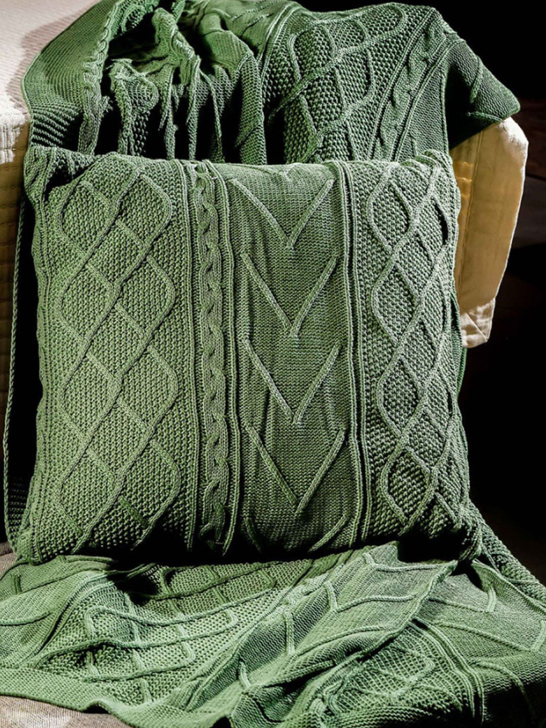 

Izzhaar Green Cotton Handknitted Cushion & Throw Set