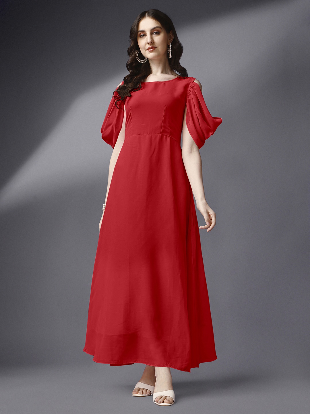 

Femvy Round Neck Cold Shoulder A-Line Maxi Dress, Red